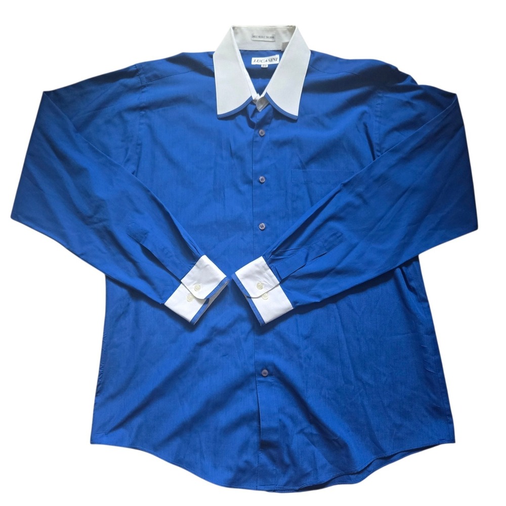 Lucasini Men's Black Dress Shirt Size 16.5 36-37 Blue Collar French Cuff Links